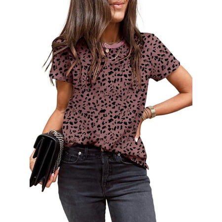 SHEWIN Womens Polka Dot Tops Crewneck Short Sleeve T Shirts Casual Fashion Floral Print Spring Summer Shirts