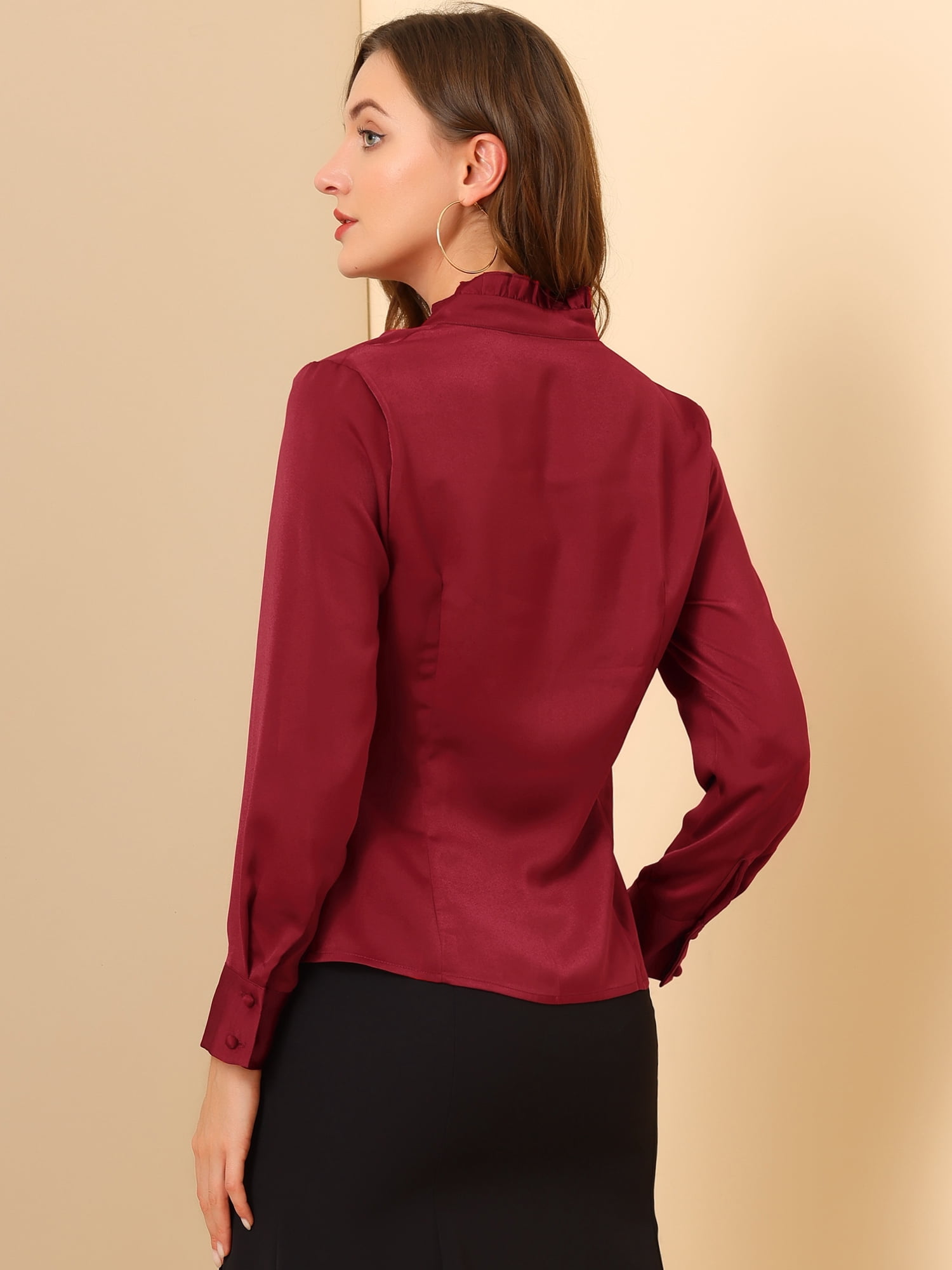 DARING DIVA Ruffled Satin Lantern Long Sleeve Blouse XL Dark Red