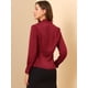 thumbnail image 5 of Camisa de satén con volantes para mujer Blusa de oficina de trabajo con botones de manga larga y linterna borgoña L, 5 of 6