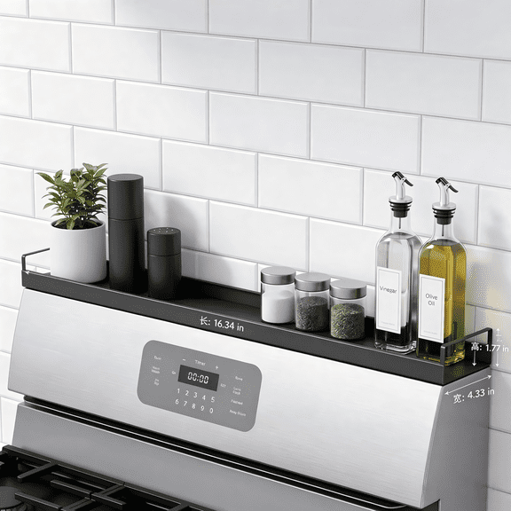 Extendable Magnetic Over the Stove Shelf – Heavy Duty Steel Spice Rack, Adjustable Length for Back of Stove, No-Drill Stove Top Shelf