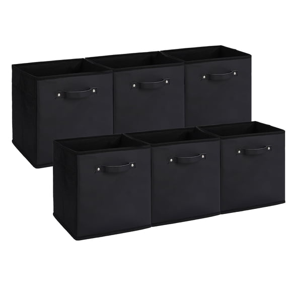 6-Pack 11 Inch Foldable Fabric Storage Bins with Faux Leather Handles, Cube Organizer Boxes for Shelves, Closet, Clothes & Toys, Black