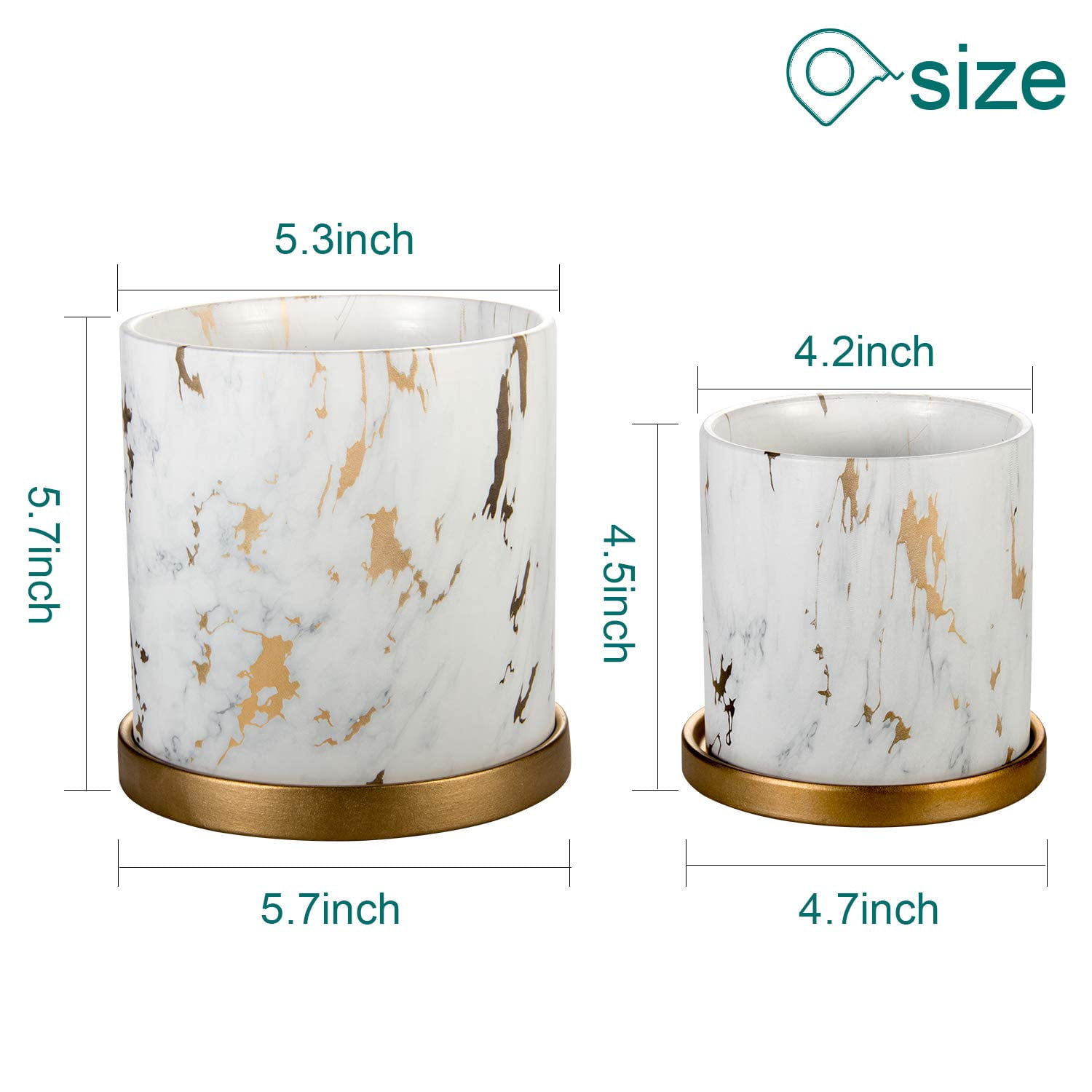 EHWINE Flower Plant Pots, 5.3 Inch +4.2 Inch Indoor Ceramic Flower Pots Modern Marble Look Scrub Pots with Drainage Hole and Ceramic Tray for Flowers/Plants/Succulents