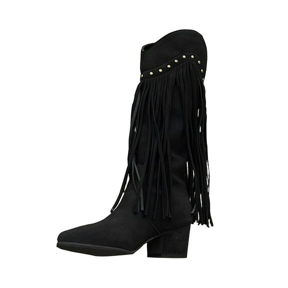 Fringe Cowboy Boots for Women Wide Mid Calf Western Boots with Rivets Cowgirl Pull-On Pointy Toe Elegant Rave Fashion Trendy Cute Kawaii Goth Comfy Casual Walking