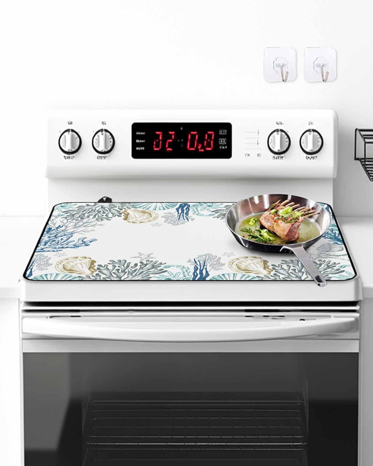 Stove Top Covers for Electric Stove, Coastal Glass Stovetop Cover Protector, Ocean Coral Shell Turquoise Blue Conch Induction Cooktop Protector Oven Mat for Kitchen Countertop 24"x21"