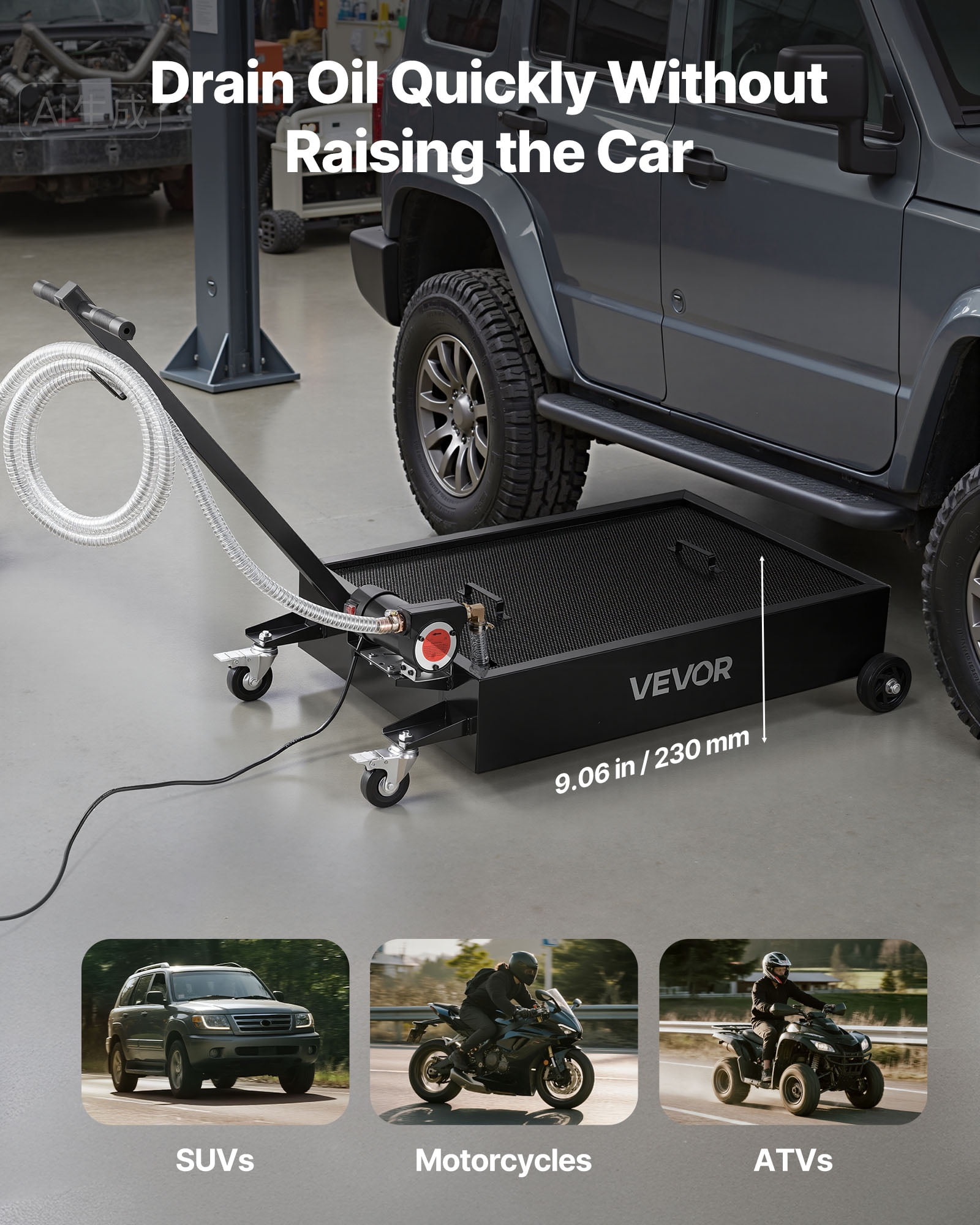 VEVOR Low Profile Oil Drain Pan, 15 Gallon Capacity, Rolling Oil Drain Pan with Electric Pump & 7.2 ft Hose, Leak-proof & Corrosion-resistant, Fit for Cars, SUVs, Trucks, Motorcycles, ATVs, Metal