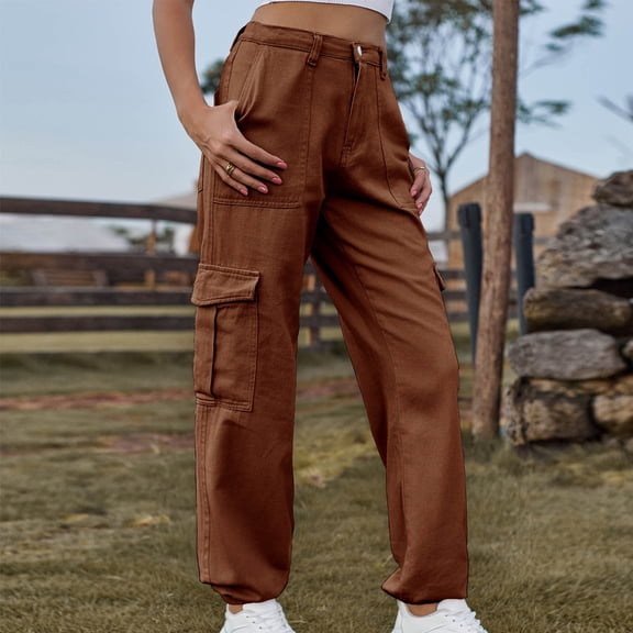 YanHoo Cargo Pants Women High Waist Wide Leg Jean Casual Pants with 6 Pockets Stretchy Loose Baggy Workout Pants Brown,M