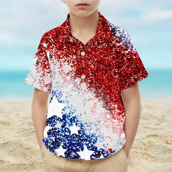 MKOSPLRT 4th of July Button Down Shirts Kids Short Sleeve Red White and Blue Shirts Lapel Collar American Flag T Shirts 2-15 Years