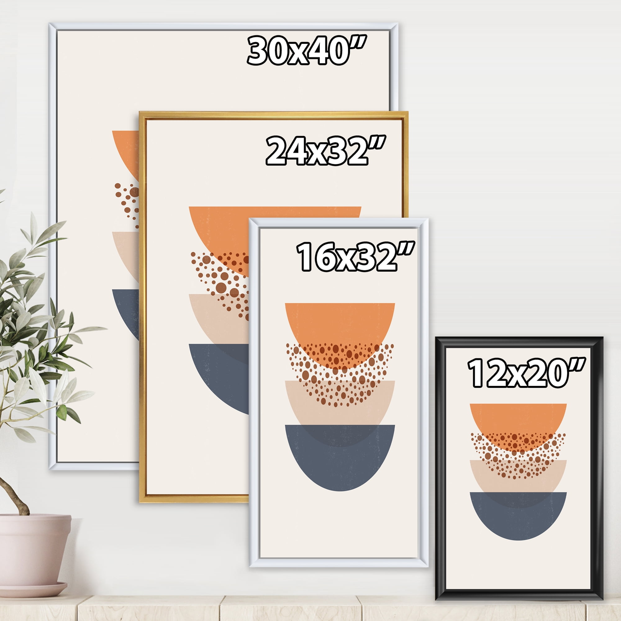Designart 'Abstract Moon and Sun Geometrics In Blue & Orange' Modern Framed Canvas Wall Art Print