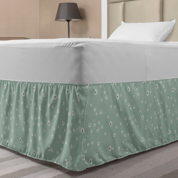 Dandelion Bed Skirt, Spring Flowers Botanical Floral Theme with Shabby Blossoms Pattern, Elastic Bedskirt Dust Ruffle Wrap Around for Bedding Decor, 4 Sizes, Almond Green and White, by Ambesonne