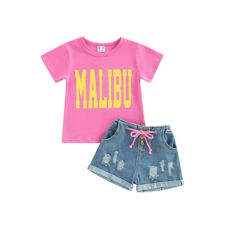 

Sunisery Kids Baby Girls 2PCS Outfits Set Short Sleeve Letter T-Shirt Ripped Denim Shorts Summer Clothes Pink 4-5 Years