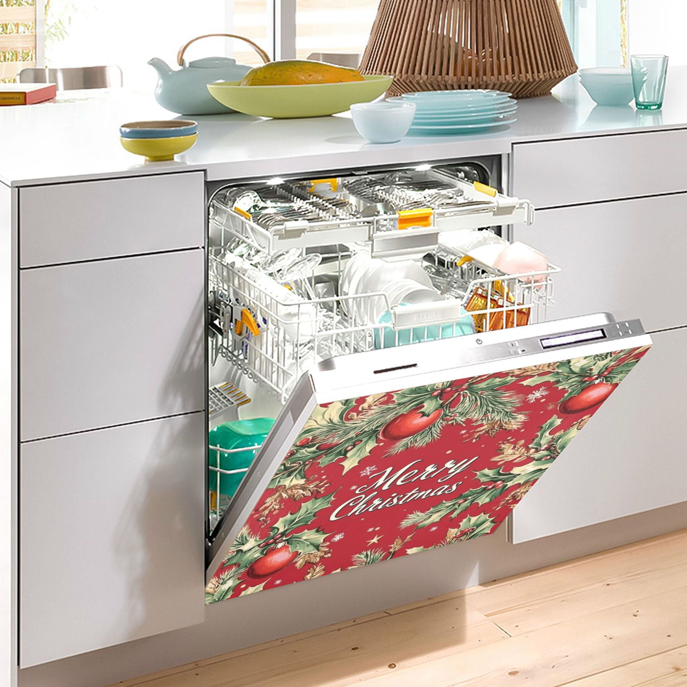 Dishwasher Magnetic Refrigerator Magnet Cover Sticker Home Decorative 23"x26" Christmas Leaves Merry Christmas