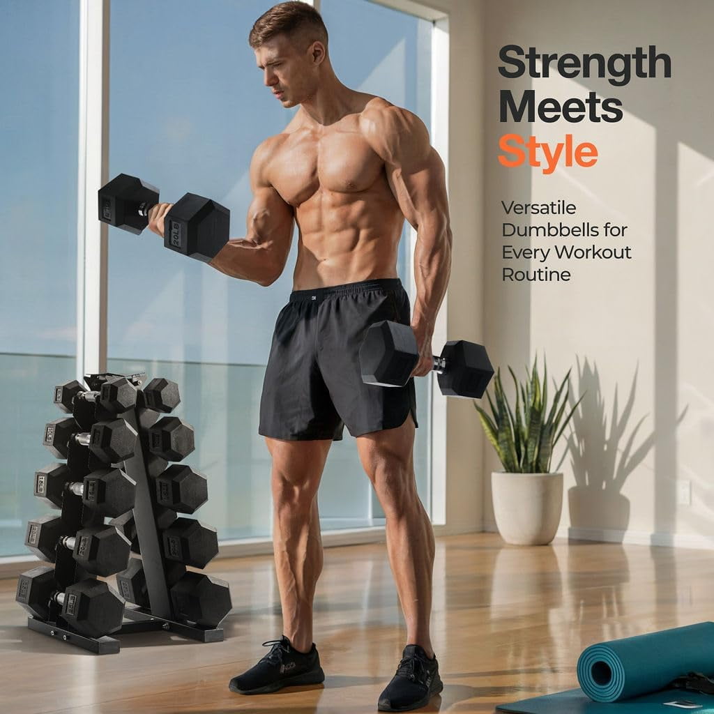 Home-it 150 lb Rubber-Coated Dumbbells Set with Rack for Strength Training