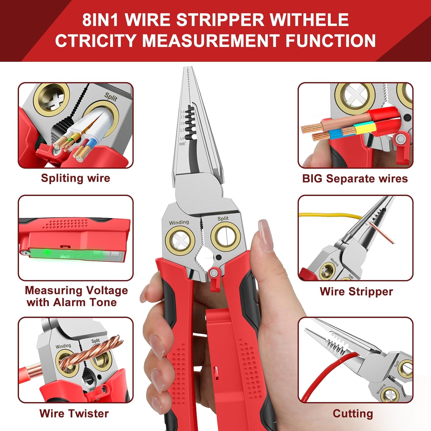 8-in-1 Wire Stripper with Voltage Testing Function - Professional-grade multi-function wire stripper tool combining wire cutting, crimping, stripping, twisting, and pulling