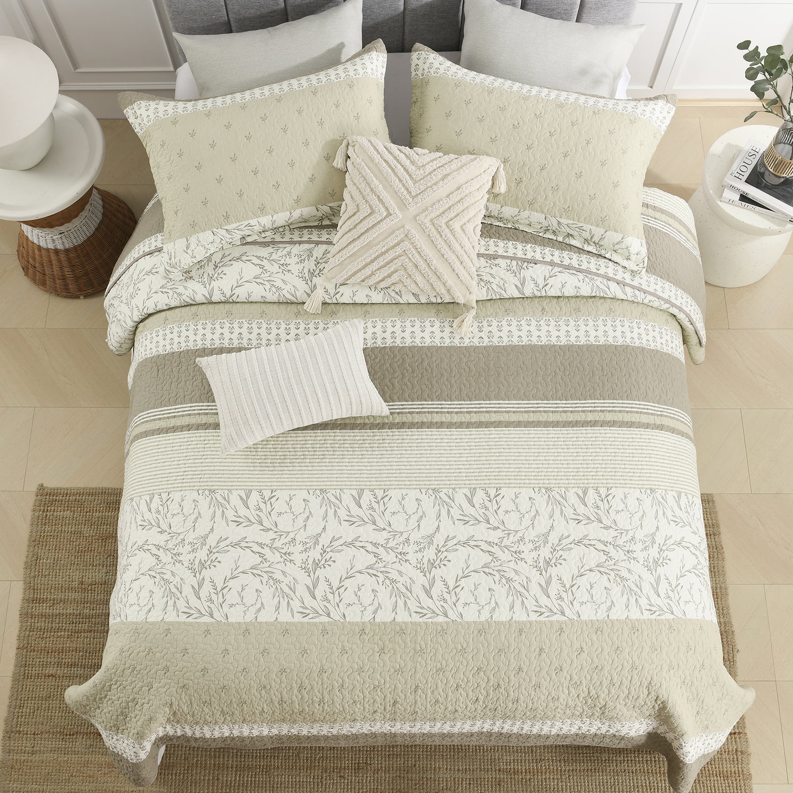 SahSahCasa Quilt Set King Size - 100% Cotton Botanical Farmhouse Quilt King Size, Lightweight Striped Quilted Bedspread, Beige Khaki King Quilt Bedding Set All Season, 3 Pieces