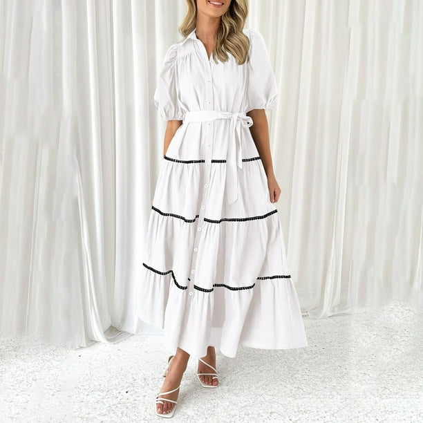 modest white dress short Aobny Blmnix White Dresses for Women Long Summer Short Sleeve Modest Solid Pleated Ruffle Peasant Trendy Skirts, Women's, Size: