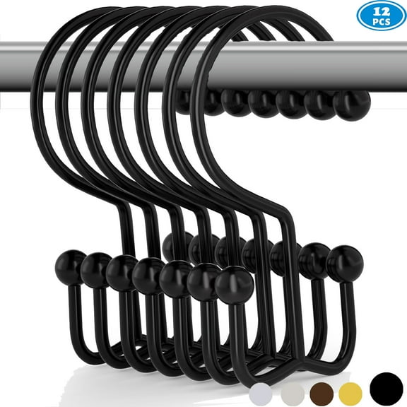 Shower Curtain Hooks Rings, Rust-Resistant Metal Glide Shower Hook, Double Hook for Bathroom Shower Rods Curtains, 12pk Brushed Matte Black Finish