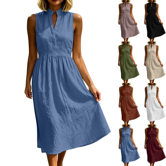 Kojanyu Women's Sleeveless High Neck Button Down Maxi A-Line Dresses Cotton Casual Flowy Long Summer Vacation Dresses with Pockets