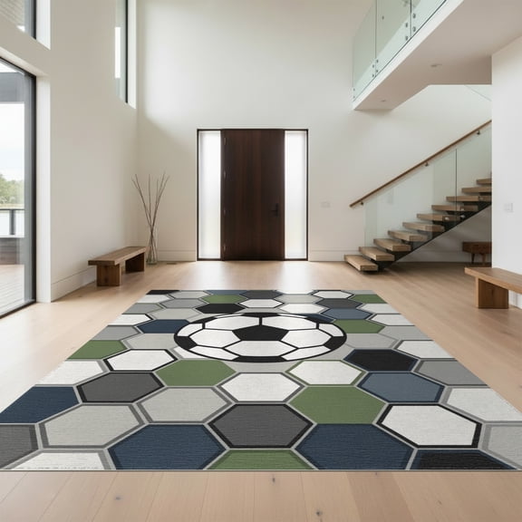 Design&I 8'x10' Washable Area Rug Shaped Soccer Beast Pentagon Motif Graphic Footboard Football for King Size Bedroom, Under Bed, Sleek Flatweave Pet Friendly