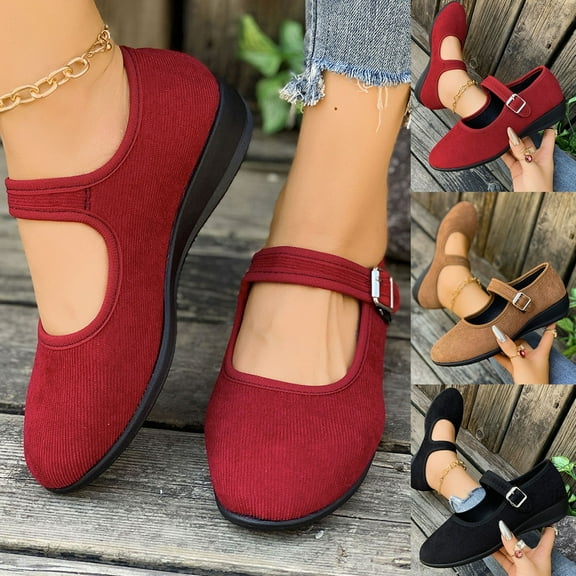 Miluxas Women's Flats Mary Jane Ballet Flats Comfortable Casual Walking Dressy office Slip-on Shoes with Adjustable Straps Wine 9.5(43)