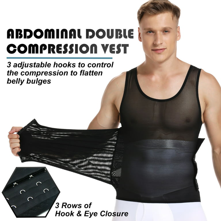 QRIC 2 Pack Mens Compression Shirts Shapewear Slimming Body Shaper Tank Top  Vest Belly Control Undershirt Black 2XL 