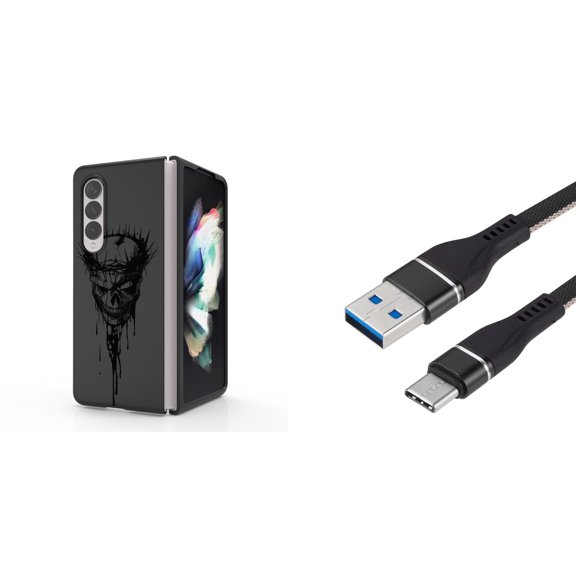 Accessory Bundle for Galaxy Z Fold 4: Slim Snap-On Case (Crown of Thorns Skull), Nylon Braided USB-C to USB-A Cable (3 Feet)