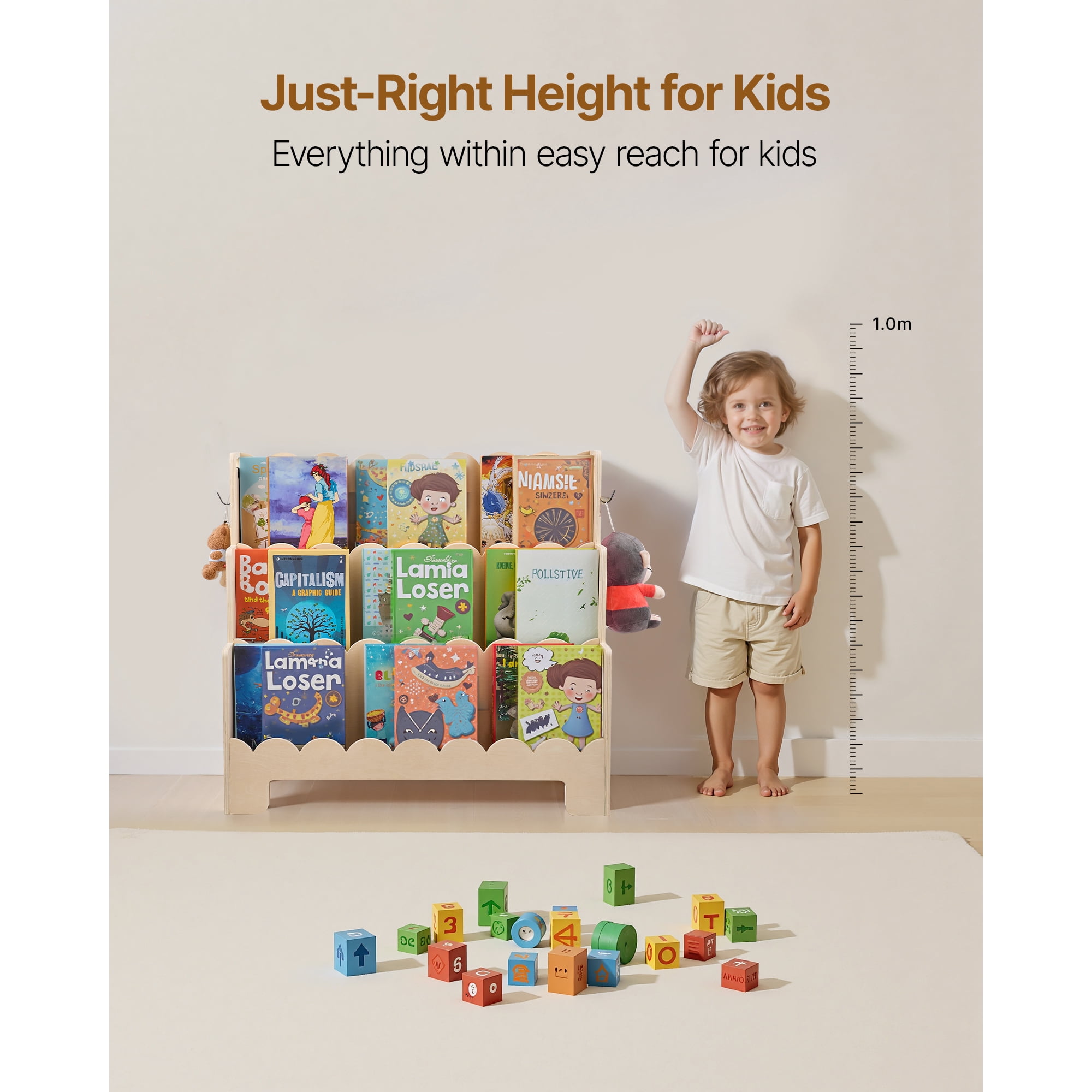 KFFKFF Montessori-Inspired 3-Tier Kids Bookshelf with Scalloped Design, Front-Facing Bookcase for Toddlers, Includes Dual Hooks for Backpacks, Ideal for Kids' Rooms, Living Areas, Entryways