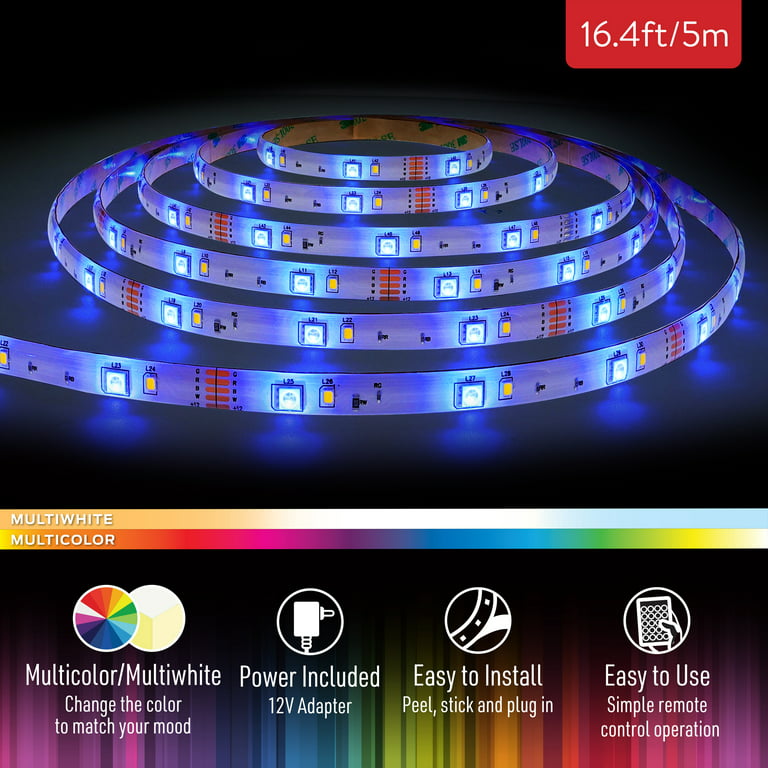 Xtreme Lit 16.4ft Color-Changing Indoor LED Light Strip, RGBW, 12V Adapter,  Easy DIY Installation 
