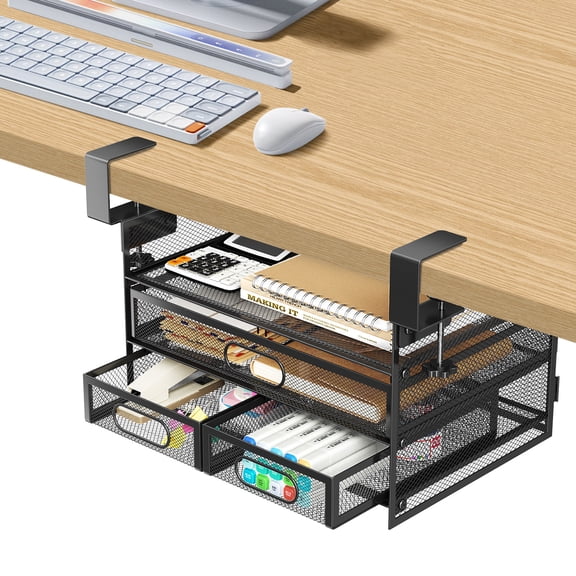Under Desk Drawer Organizer, Large Under Desk Storage Side Drawers for Home & Office, L12.9xW9.6xH8.1 Drill-Free Clamp-on Installation for Small Space, Spacious Storage for Office Supplies, Papers