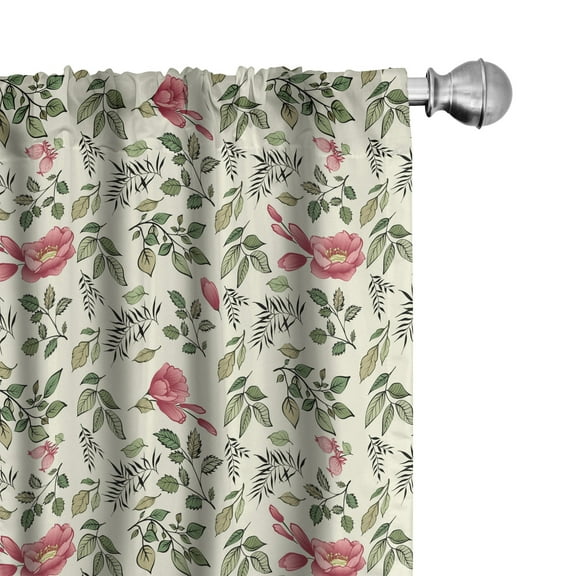 Botanical Curtains 2 Panels Set, Vintage Inspired Pattern of Floral and Leafy Bloom, Window Drapes for Living Room Bedroom, 56"W X 63"L, Dried Rose Peacock Green, by Ambesonne