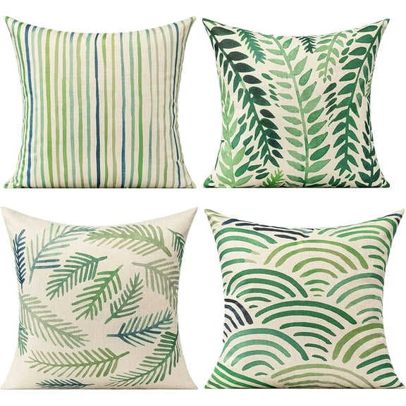Outdoor Green Leaves Plant Throw Pillow Covers Cases Decorative Tropical Rainforest Palm Leaves Cushion Square Cotton Linen 16 x 16 Set of 4 for Sofa Patio Couch