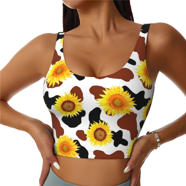 Balery Cow Print Sunflower Sujetadores deportivos con espalda cruzada para mujer, acolchados, sin costuras, de alto impacto, ideales para yoga, gimnasio, entrenamiento y fitness.-Small
