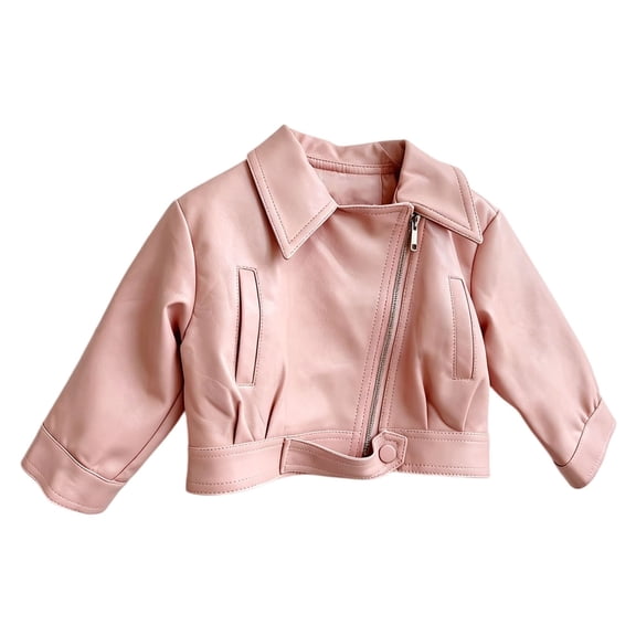GiLiling Baby PU Leather Motorcycle Coat Toddler Zipper Fall Winter Long Sleeve Lapel Outerwear Trendy Stylish Cute Outdoor Cycle Coat (Pink, 18-24 Months)