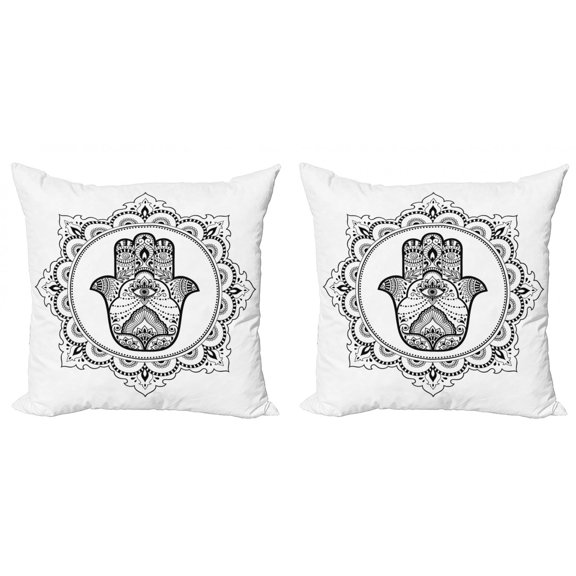 Ambesonne Hamsa Throw Pillow Cover 2 Pack, Ornamental Mandala Oriental, 20", White Black