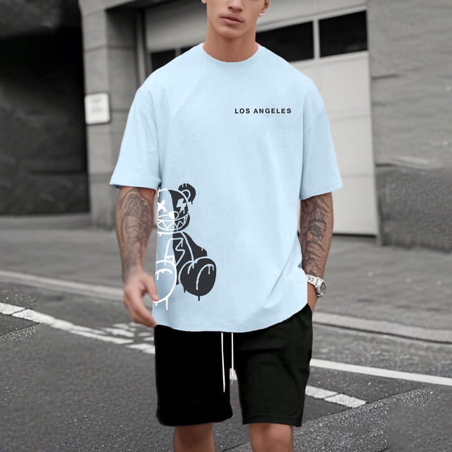 WILLBEST Conjunto de Traje para Hombre con Estampado de Oso para Uso Exterior E Informal. Combinación de Manga Corta y Pantalones Cortos para Verano. Ideal para Relajación y Actividades Físicas.