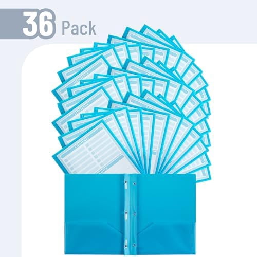 - Plastic Folders with Pockets and Prongs, 36 Pack, Letter Size, Blue, Flexible Plastic Folders with Prongs, Clear Front Pocket and Card Slot