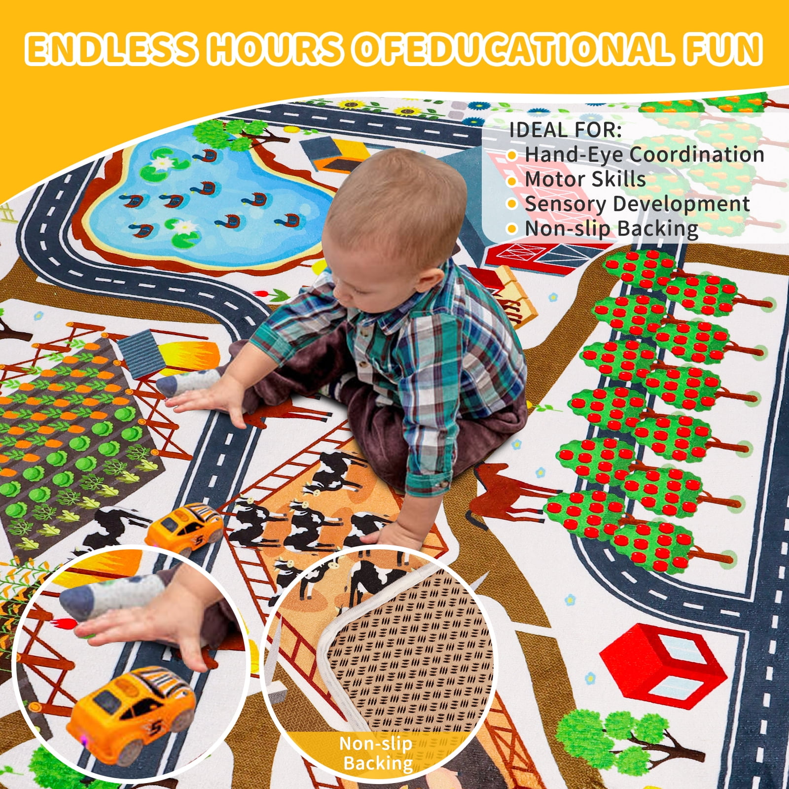 Kids Rug Car Rug for Toy Cars,Farm Life Road Traffic for Playroom Kid Car Road Rug Village Map Play Mat Non-Slip Washable Play Rug for Toddler Boy Family Tummy Time Playtime