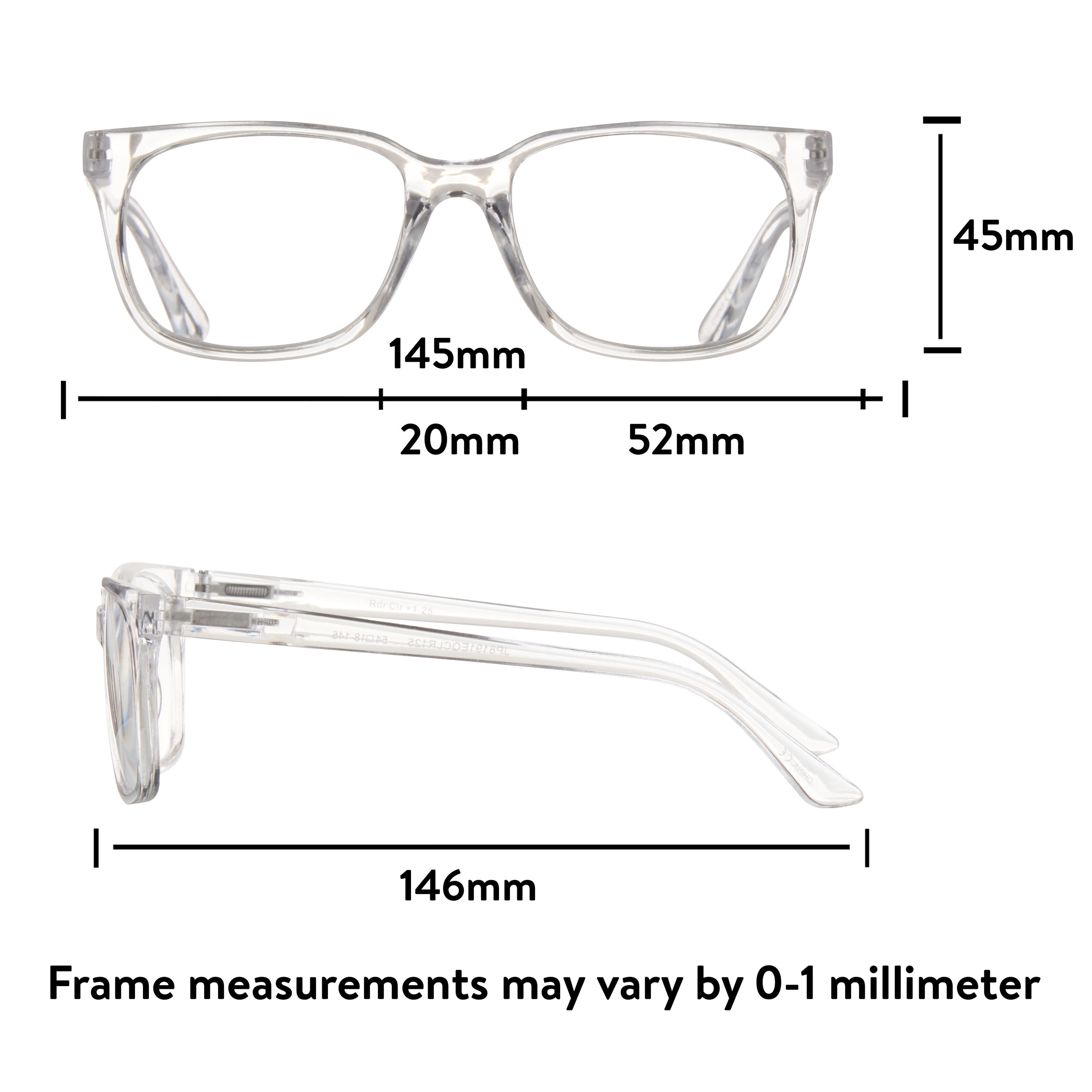 Equate Unisex Rectangular Single Vision Reading Glasses with Case, Plastic Lenses, Clear, +1.50