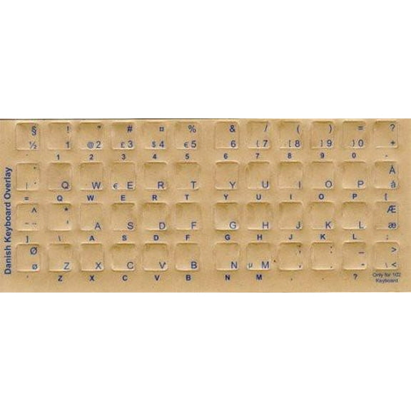 Danish Keyboard Stickers - Labels - Overlays with Blue Characters for White Computer Keyboard