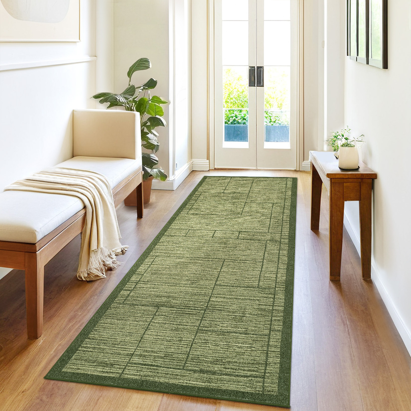 Garvee 2'x6' Modern Geometric Runner Rug Solid Rug, Washable Rug Non-Slip Low Pile Indoor Carpet for Hallway Bedroom Kitchen, Green