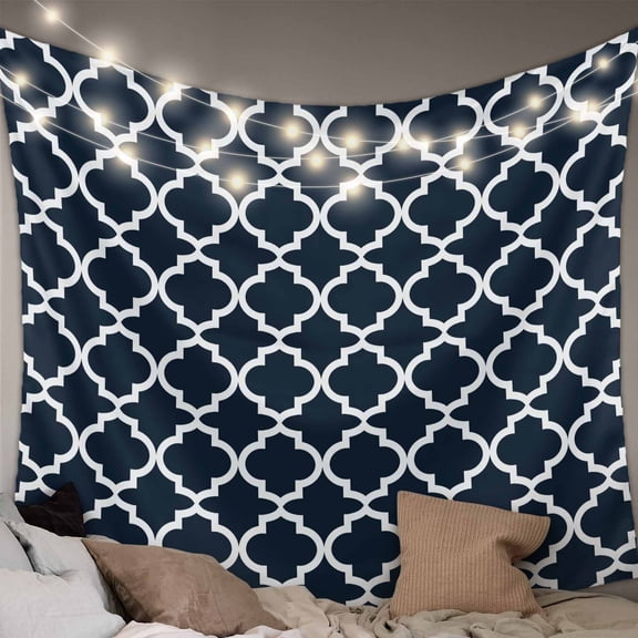 Navy Blue Morocco Tapestry for Bedroom Wall Hanging Tapestry, Modern Farmhouse Minimalist Plaid Ceiling Backdrop Tapestries Poster Blanket Wall Decor for Teens Room Living Room Dorm 59" x 90"