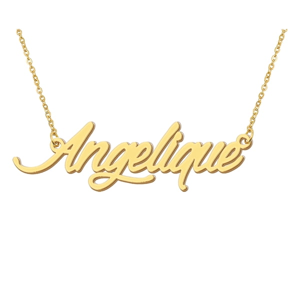 HUAN XUN 18k Gold Plated Angelique Name Necklace Stainless Steel Nameplate Necklaces for Womens Mens Mother Day Christmas Jewelry Gift