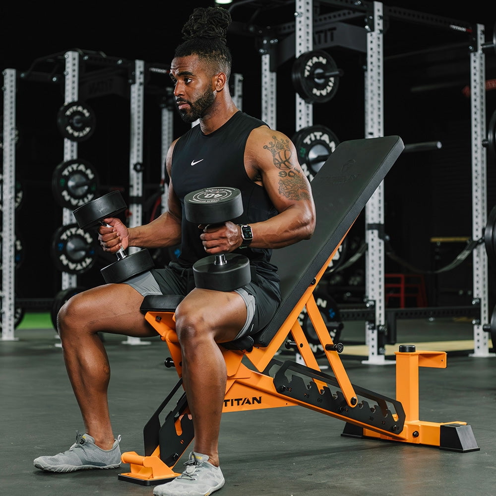 Titan Fitness TITAN Series Orange Adjustable Bench, Supports 600 LB Incline, 1,000 LB Flat