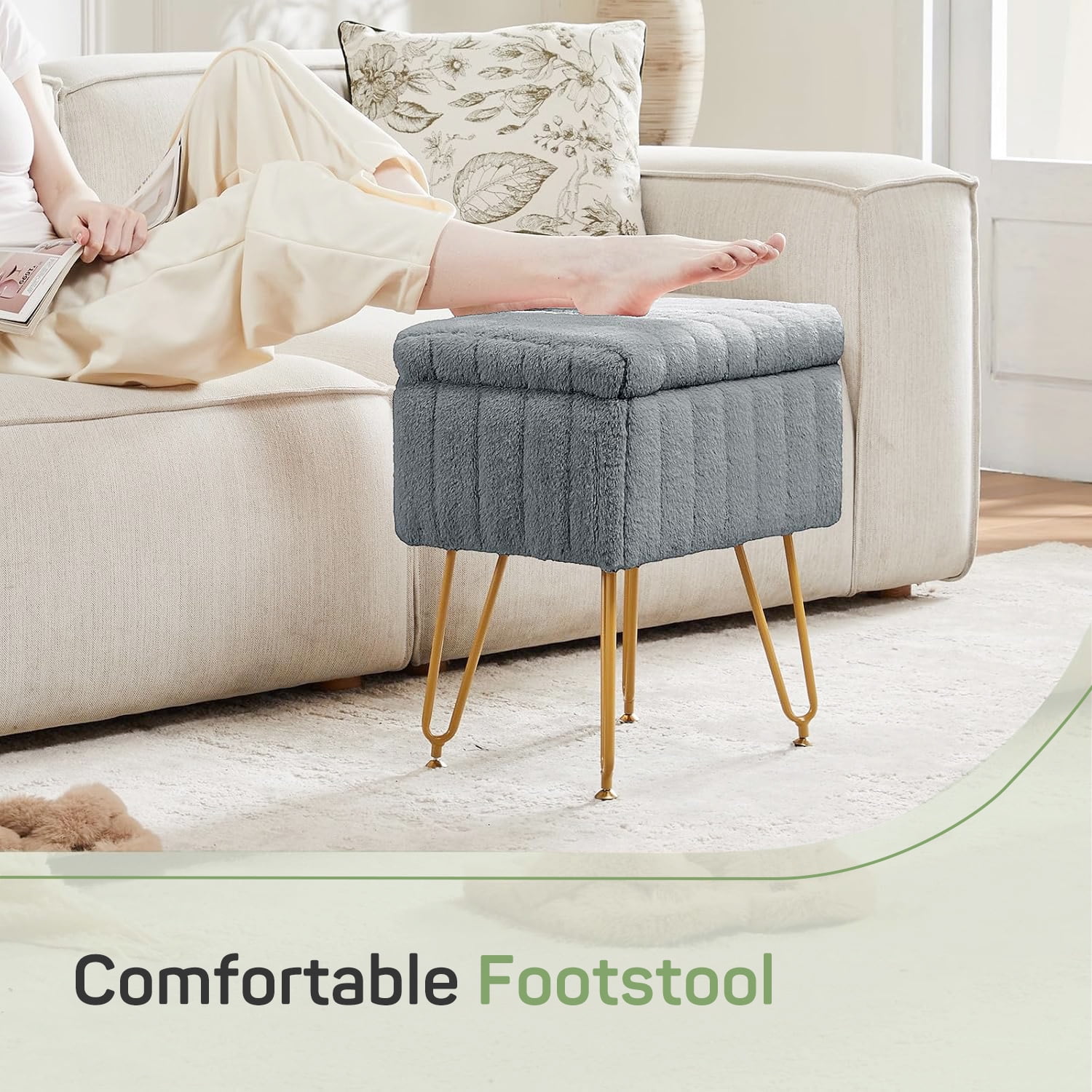 Parcus Faux Fur Vanity Stool with Storage, 16"L x 12.2"W x 18.9"H, Makeup Ottoman Chair with Padded Seat, 4 Metal Legs & Adjustable Anti-Slip Feet