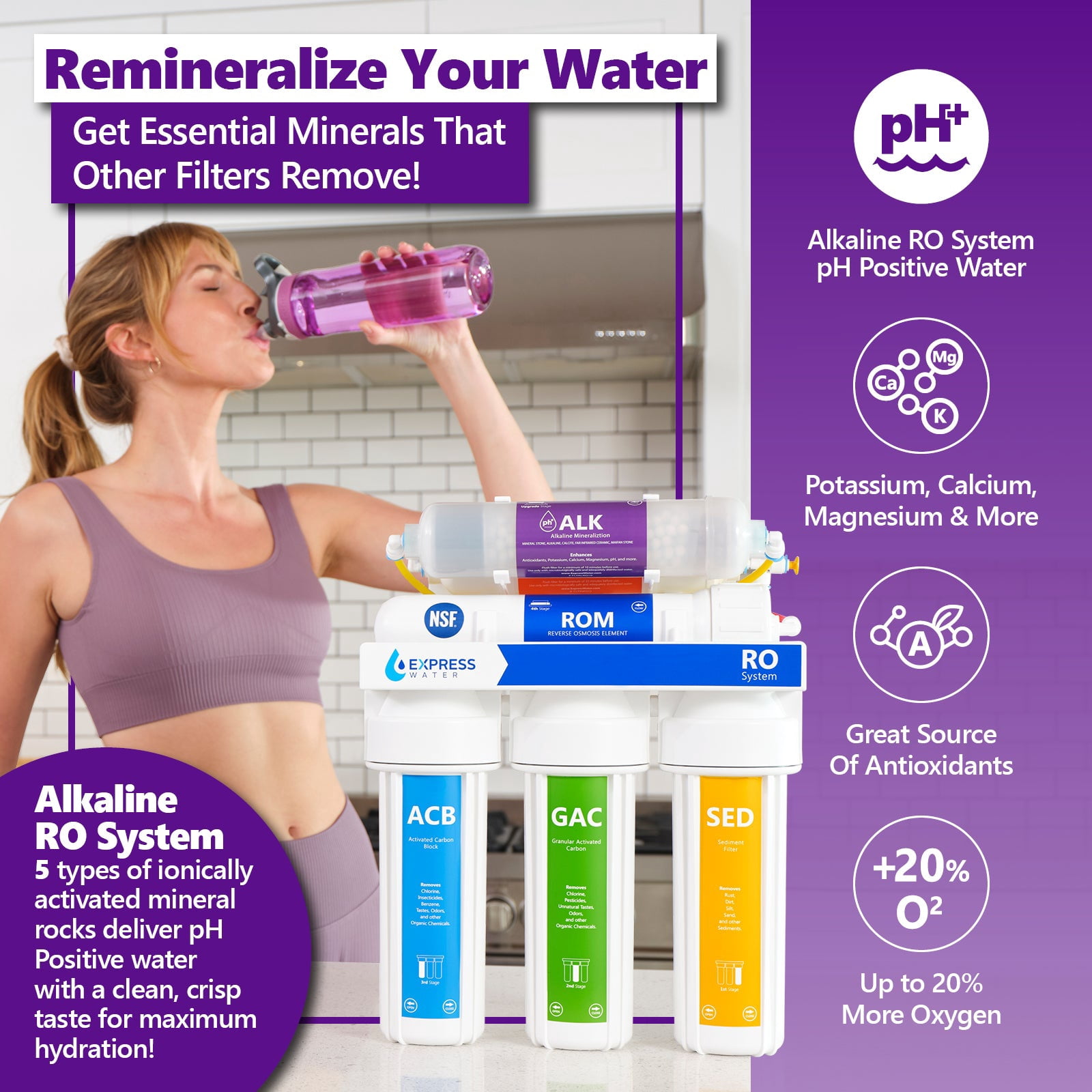 Express Water Alkaline Reverse Osmosis Filtration System – 10 Stage RO Mineralizing Water Filter – Mineral, Antioxidant, pH + – Under Sink Purifier – 100 GPD with Pressure Gauge and Clear Housing