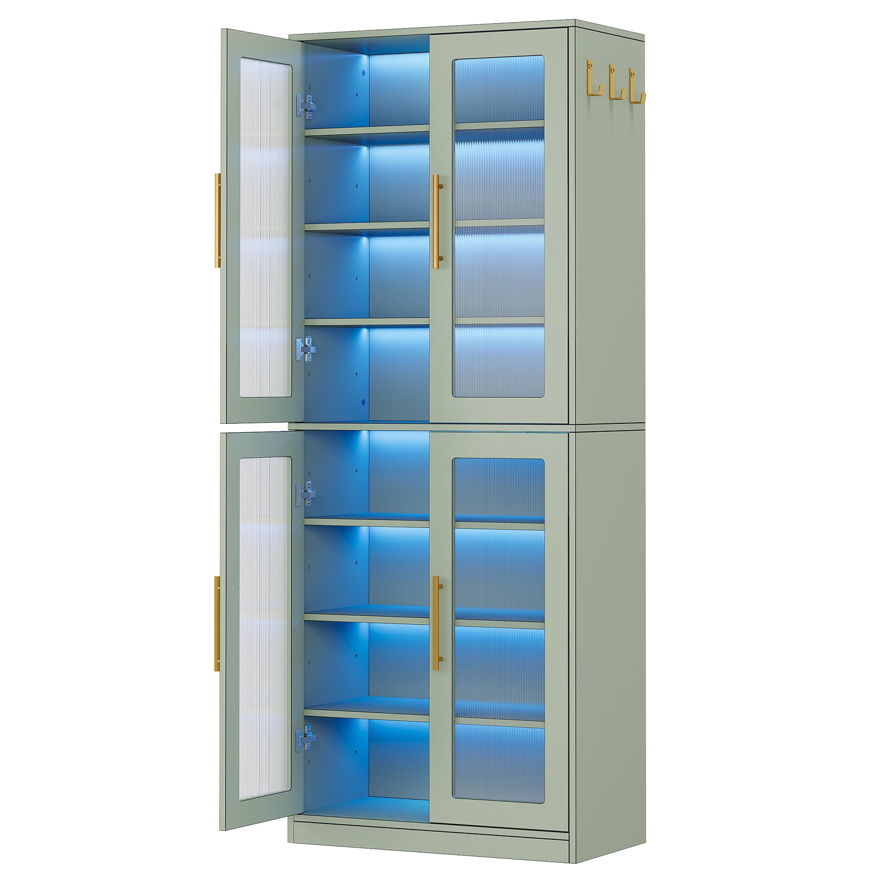 Fnova 66.93" Bookcase with Doors, 8 Tier Storage Cabinet with LED Lights for Living Room, Bedroom, Study, Green