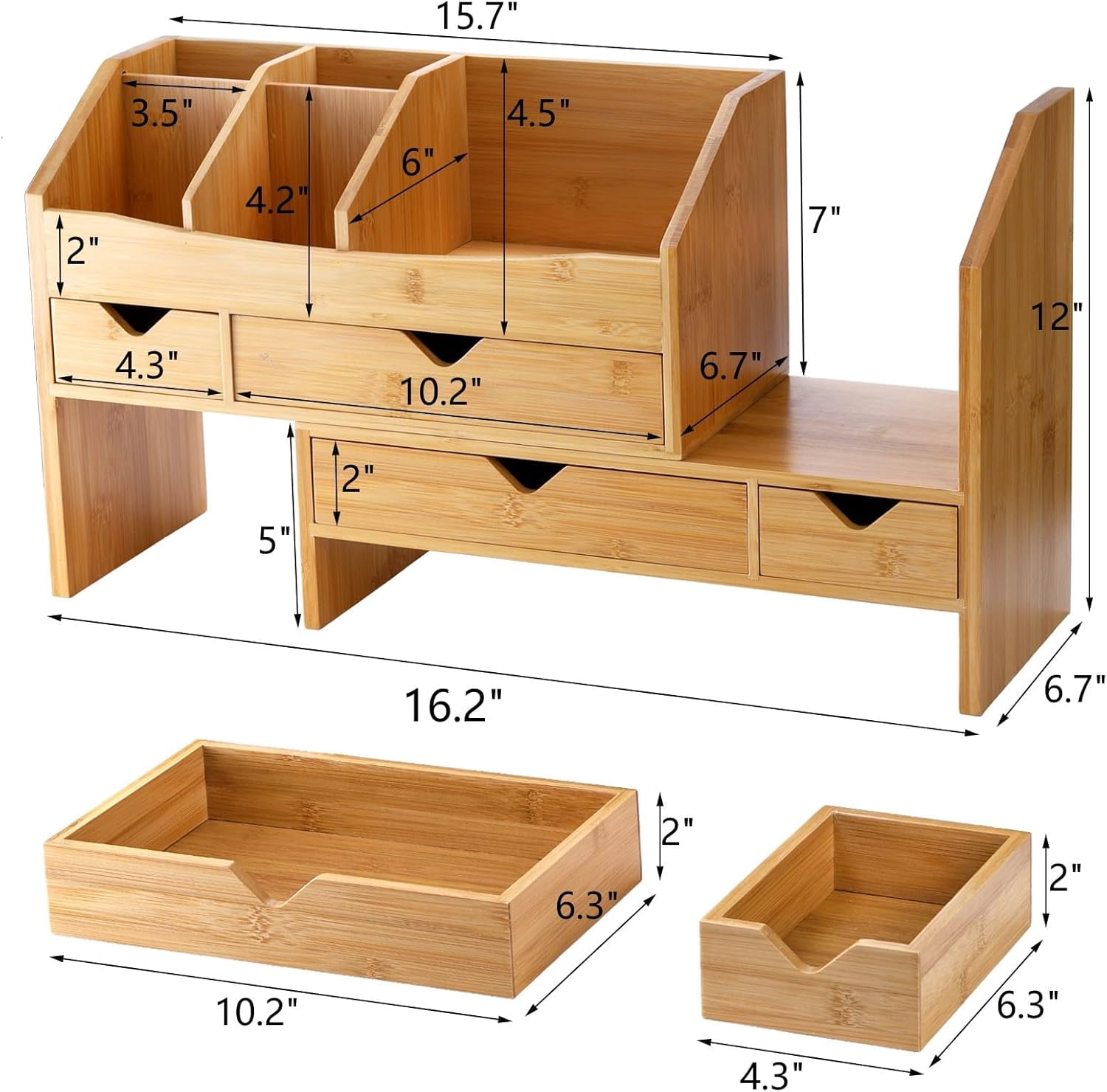Bamboo Desk Organizer with Adjustable File Holder, Mini Desk Drawer Tabletop Organization Box with 4 Drawers for Makeup, Letter, Pens, Home Office Supplies, Vanity, 3 Layer, Fully Assembled