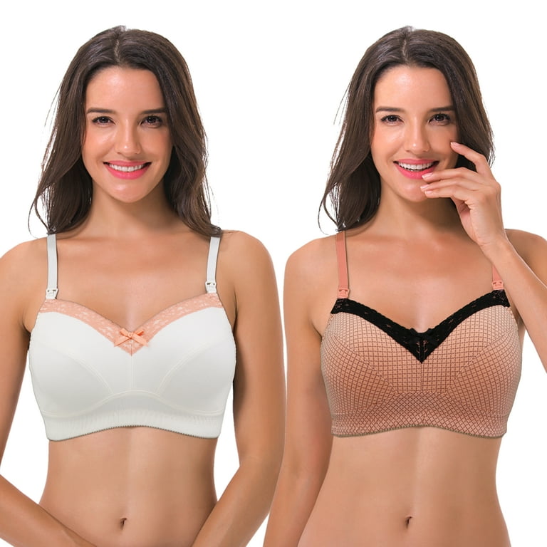 Curve Muse Women's Nursing Plus Size Wirefree Cotton Bra With Upper  Lace-2Pack-ORANGE,CREAM-38D 