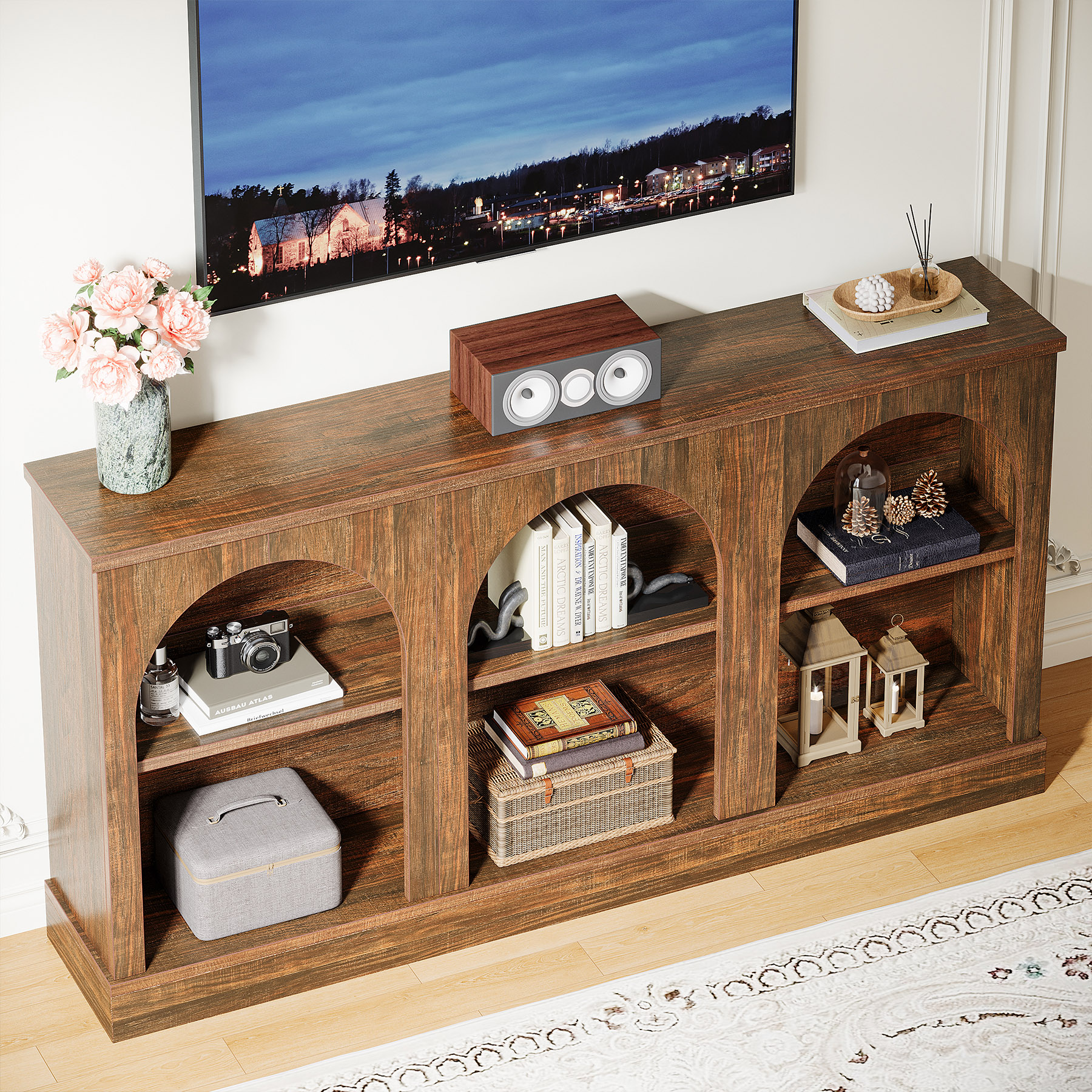 Tribesigns TV Consoles with Storage Cabinets, Television Stand for 55/60/65 Inch TV, Farmhouse Entertainment Center Stand for Living Room, Dark Brown