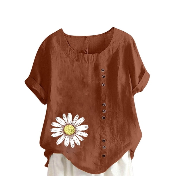 Vestidos Casuales Para Mujer, Blusas De Mujer De Moda Blusa informal de lino con botones y manga corta estampada para mujer
