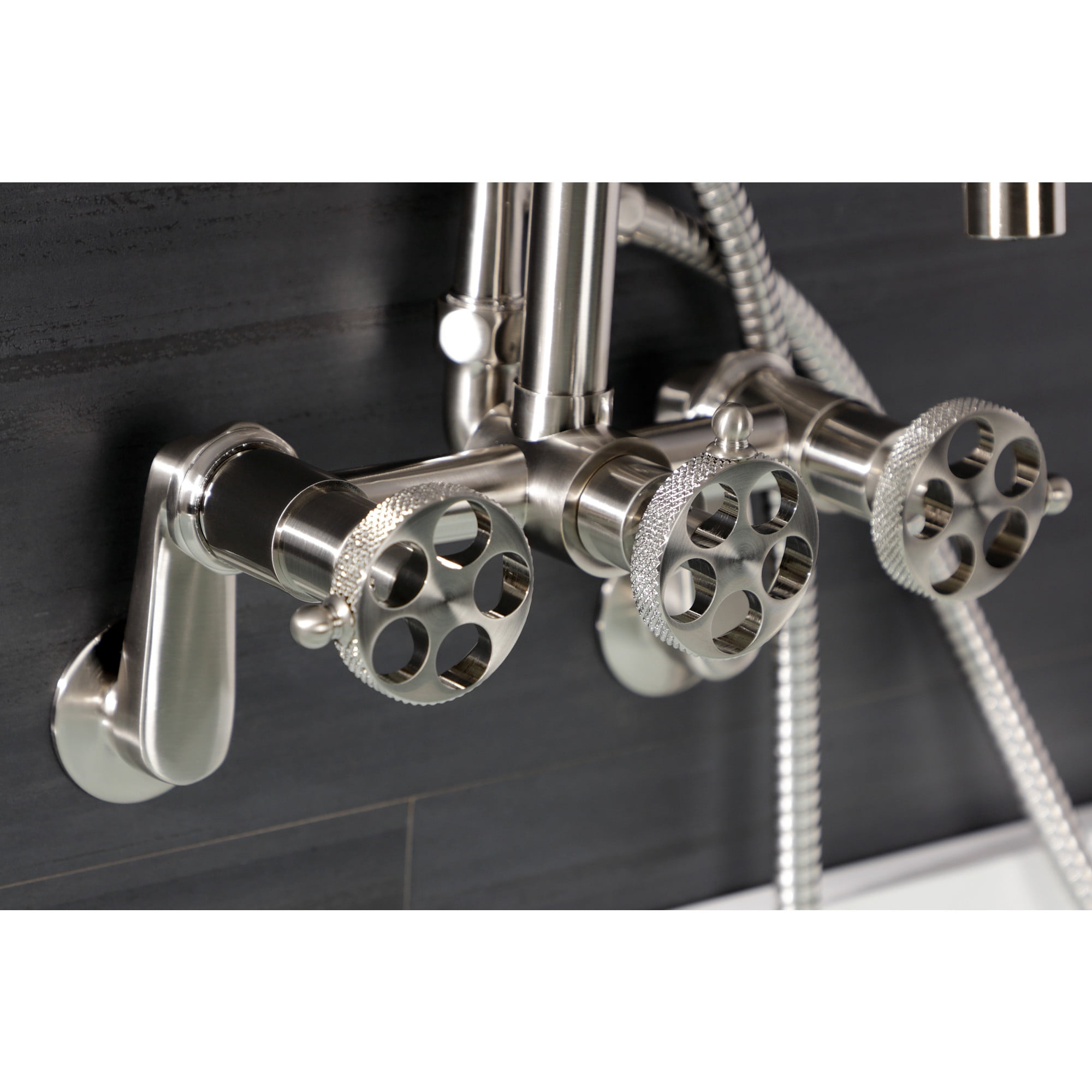 Kingston Brass AE8158RKX Webb 7-Inch Adjustable Wall Mount Clawfoot Tub Faucet with Knurled Handle and Hand Shower, Brushed Nickel